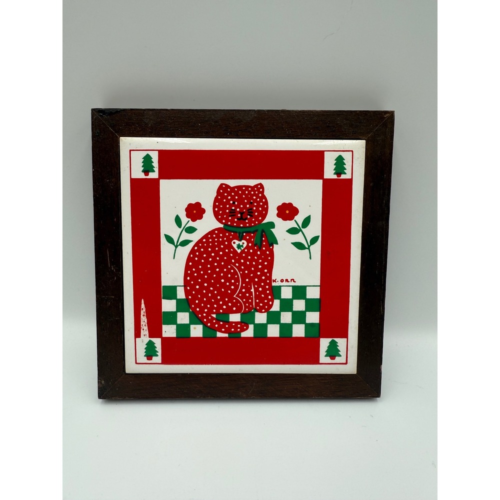 Vintage K. Orr Red Polka Dot Cat Ceramic Tile Trivet Framed Wall Art 6x6
